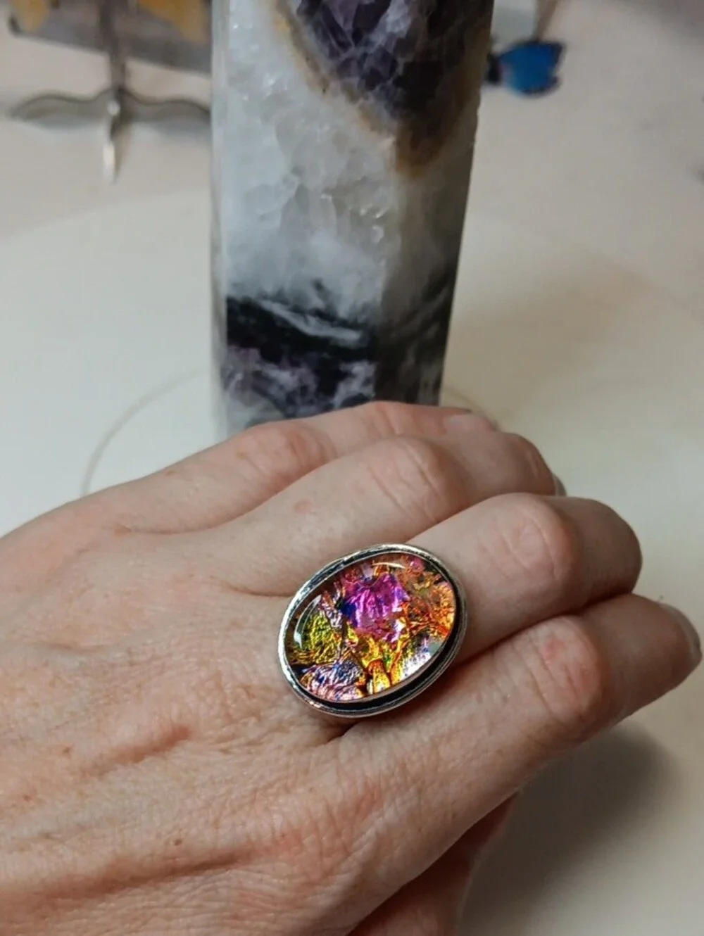 Handcrafted Dichroic Glass Oval Statement Ring in Iridescent Pink & Gold
